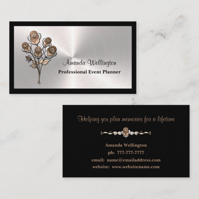 Silver & Black Floral Event Planner Business Card Visitenkarte (Vorne/Hinten)