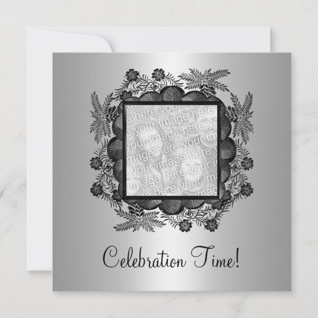 Silver Black Floral Foto Rahmen 50. Geburtstag 2 Einladung (Vorderseite)