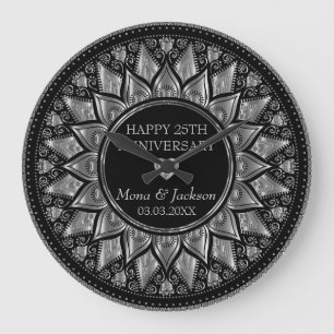 Silver & Black Floral Mandala Hochzeitstag Große Wanduhr