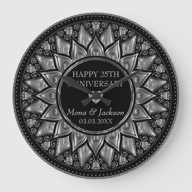 Silver & Black Floral Mandala Hochzeitstag Große Wanduhr (Vorderseite)