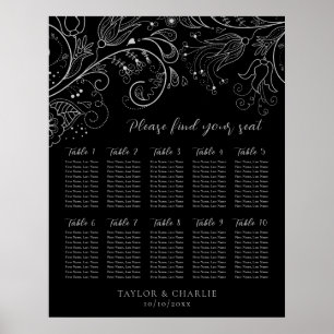 Silver Black Floral Wedding 10 Table Seating Chart Poster
