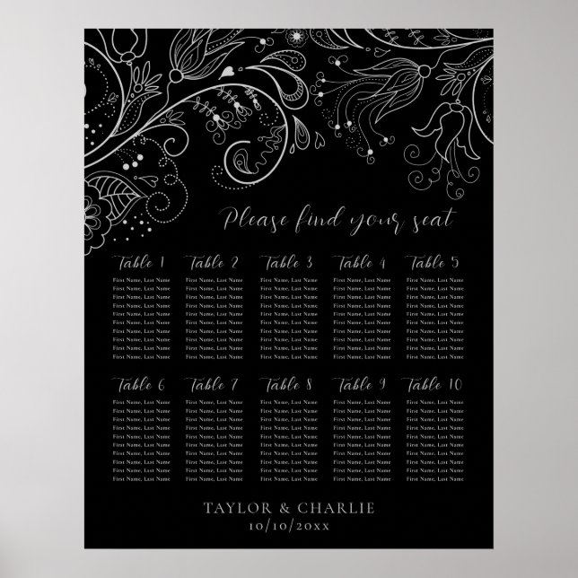 Silver Black Floral Wedding 10 Table Seating Chart Poster (Vorne)
