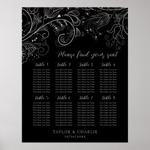 Silver Black Floral Wedding 8 Tables Seekarte Poster