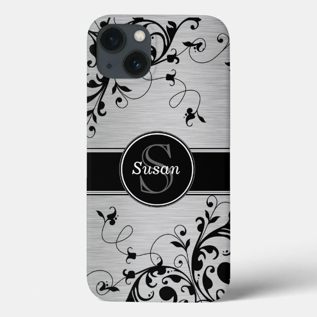 Silver Black Floral Wirbel Case-Mate iPhone Hülle (Rückseite)