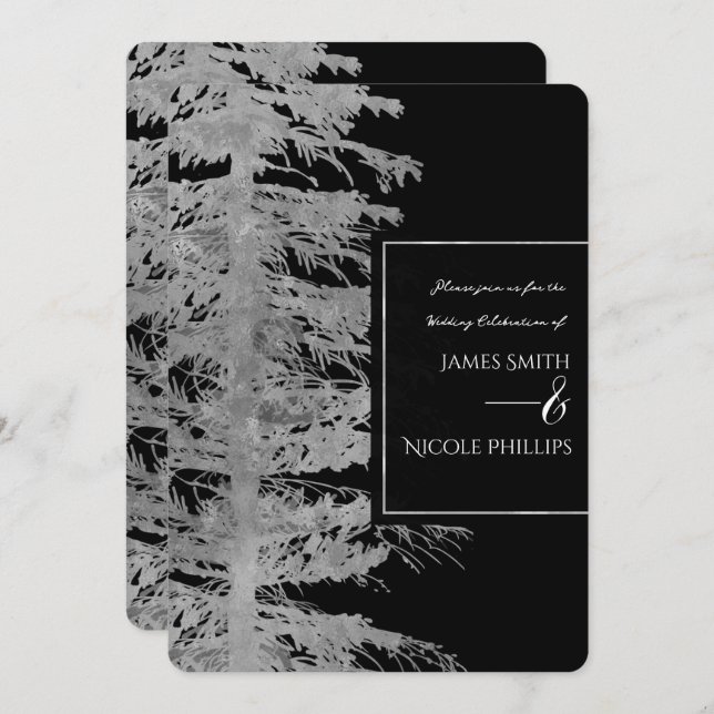 Silver Black Glam Pine Tree Rustic Forest Wedding Einladung (Vorne/Hinten)