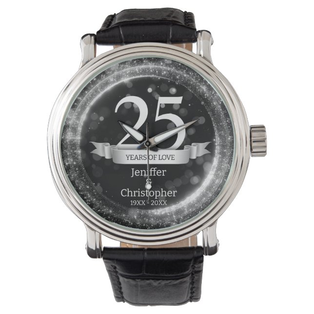 Silver Black Glitzer Edit Year Wedding Jubiläum Armbanduhr (Vorderseite)