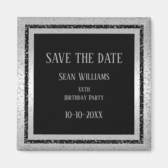 Silver & Black Glitzer Gerahmt Man's Save the Date Magnet (Vorne)