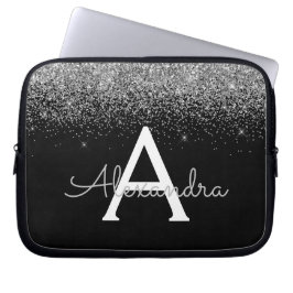Silver Black Glitzer Glam Chic Monogram Laptopschutzhülle