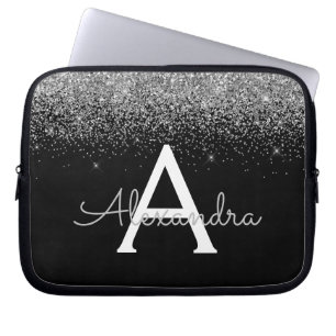 Silver Black Glitzer Glam Chic Monogram Laptopschutzhülle