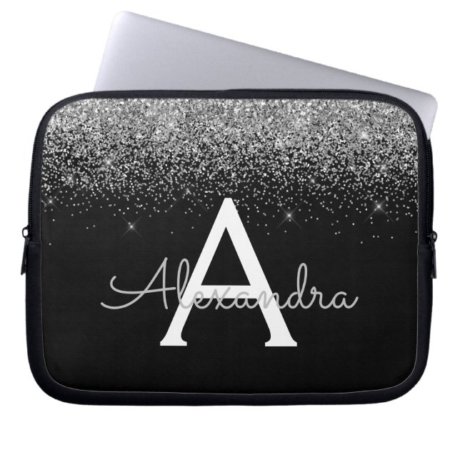 Silver Black Glitzer Glam Chic Monogram Laptopschutzhülle (Vorderseite)