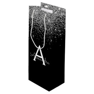 Silver Black Glitzer Luxus Monogram Geschenktüte Für Weinflaschen