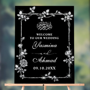 Silver Black Glitzer Nikah Muslim Wedding Willkomm Acrylschild