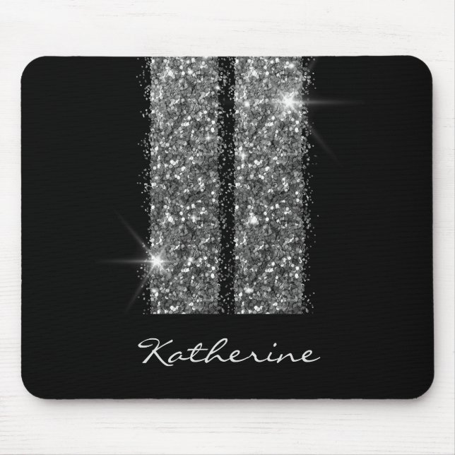 Silver Black Glitzer Racing Stripes mit Name Mousepad (Vorne)