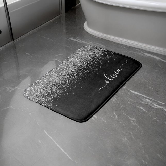 Silver Black Glitzer Script Monogram Girenname Badematte (Von Creator hochgeladen)