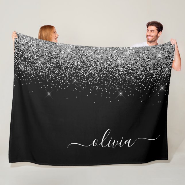 Silver Black Glitzer Script Monogram Girenname Fleecedecke (Beispiel)