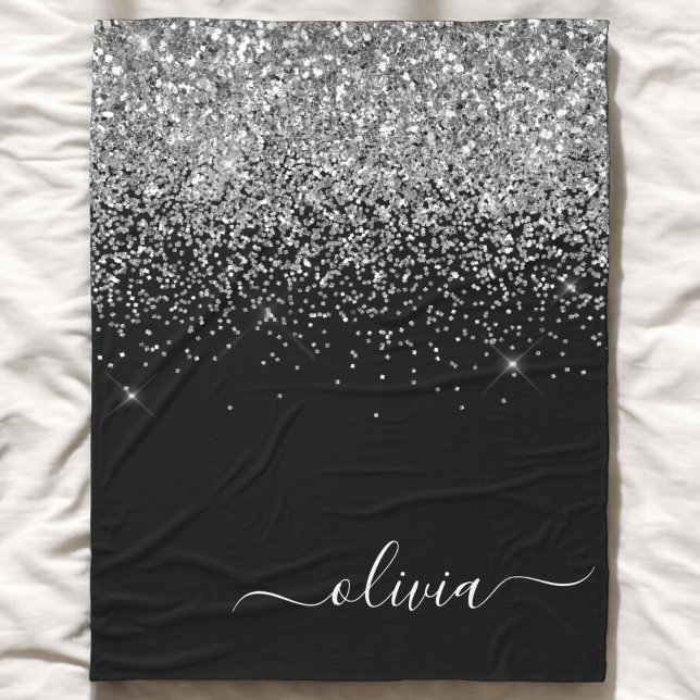 Silver Black Glitzer Script Monogram Girenname Fleecedecke (Von Creator hochgeladen)