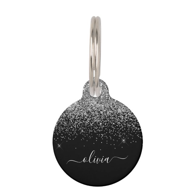 Silver Black Glitzer Script Monogram Girenname Haustiermarke (Vorderseite)