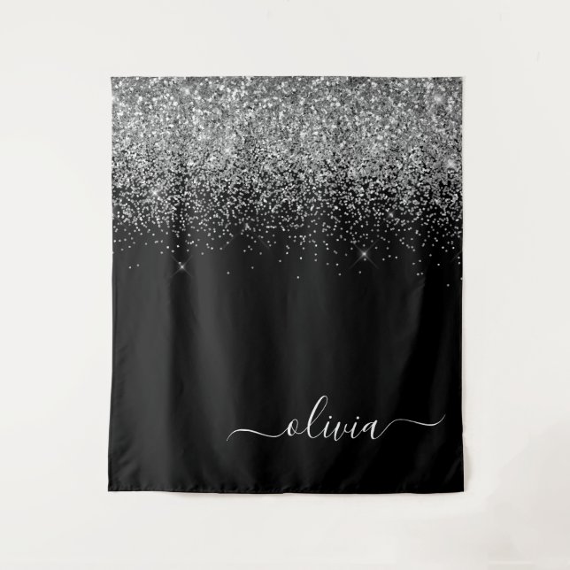 Silver Black Glitzer Script Monogram Girenname Wandteppich (Vorderseite)