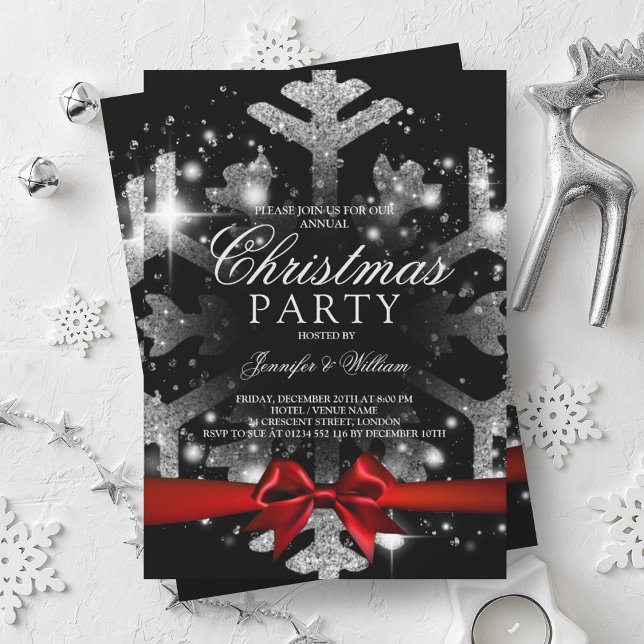 Silver Black Glitzer Snowflake & Ribbon Xmas Party Einladung (Silver Black Glitter Snowflake & Ribbon Xmas Party Invitation)