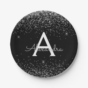 Silver Black Glitzer Sparkle Monogram Birthday Pappteller