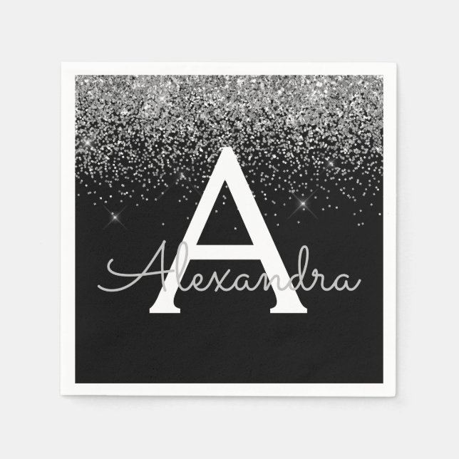 Silver Black Glitzer & Sparkle Monogram Birthday Serviette (Vorderseite)