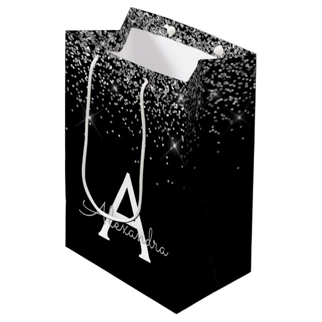 Silver Black Glitzer & Sparkle Monogram Mittlere Geschenktüte (Vorderseite Schrägansicht)