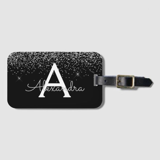 Silver Black Glitzer & Sparkle Monogram Travel Gepäckanhänger (Vorderseite (Horizontal))
