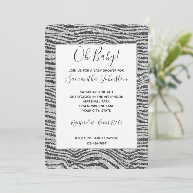 Silver Black Glitzy Zebra Print Glitzer Einladung (Stehend Vorderseite)