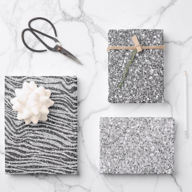 Silver Black Glitzy Zebra Print Glitzer Geschenkpapier Set (Vorderseite)