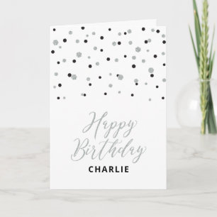Silver & Black Happy Birthday Custom Name Greeting Karte