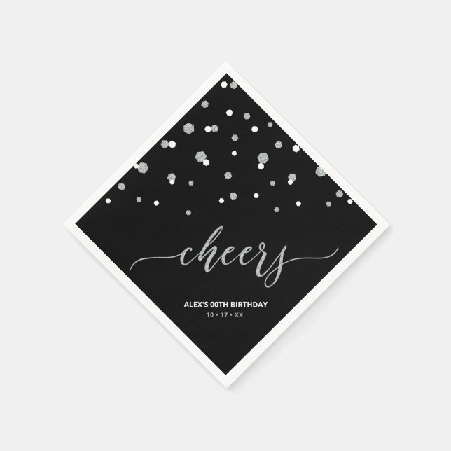 Silver Black Hexagon Confetti Cheers Custom Party Serviette (Ecke)