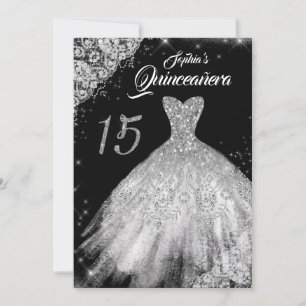 Silver Black Lace Diamond Sparkle Gown Quinceanera Einladung