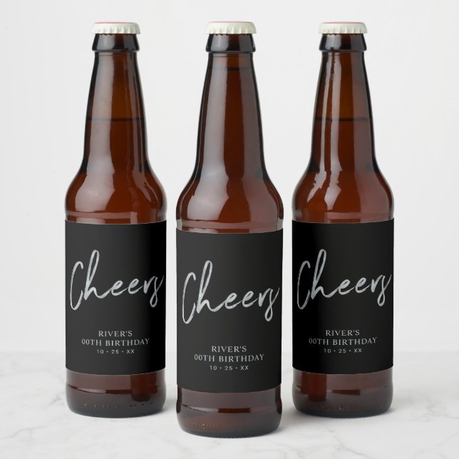 Silver & Black Lettering Cheers Adult Birthday Bierflaschenetikett (Flaschen)