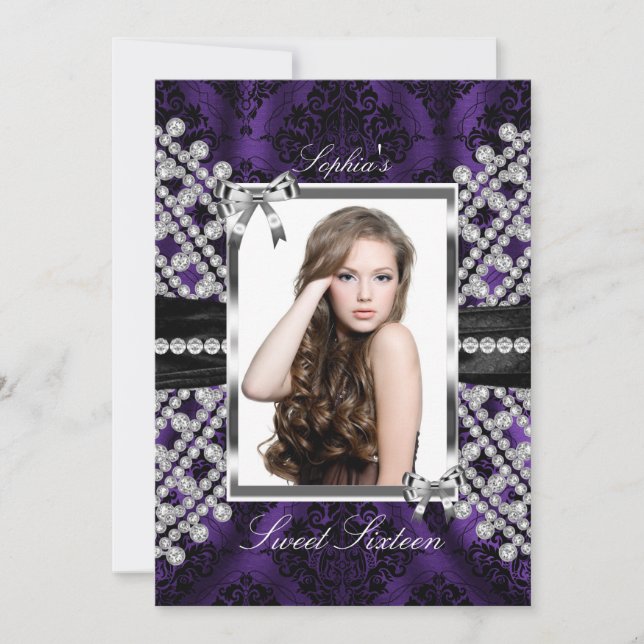 Silver Black Lila Jewel & Damask Foto Sweet 16 Einladung (Vorderseite)