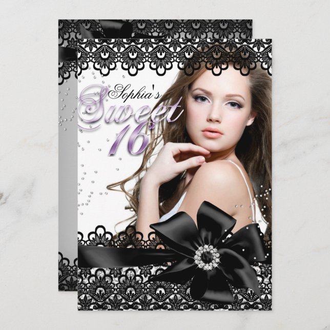 Silver Black Lila Lace Foto Sweet 16 Einladung (Vorne/Hinten)