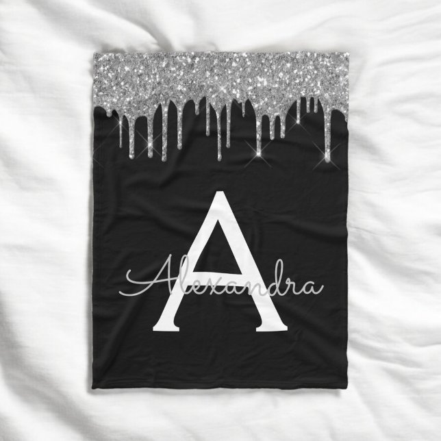 Silver Black Luxe Glitzer Glam Monogram Name Fleecedecke (Von Creator hochgeladen)