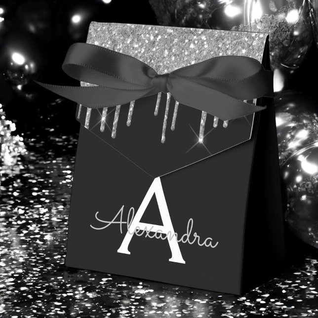 Silver Black Luxe Glitzer Glam Monogram Name Geschenkschachtel (Von Creator hochgeladen)