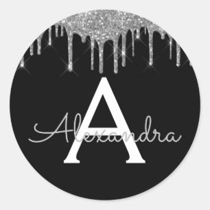 Silver Black Luxe Glitzer Glam Monogram Name Runder Aufkleber