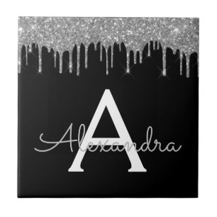 Silver Black Luxury Glitzer Glam Monogramm Name Fliese
