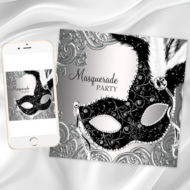 Silver Black Mask Masquerade Party Einladung (Pretty masquerade party invitation for any occasion. Download and printed invitations available.)