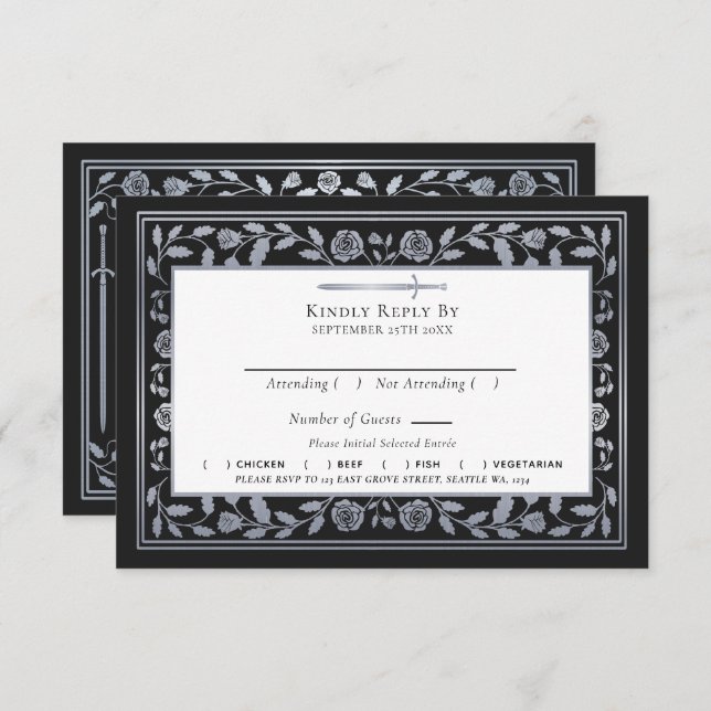 Silver Black Medieval Sword Wedding RSVP QR Code Begleitkarte (Vorne/Hinten)