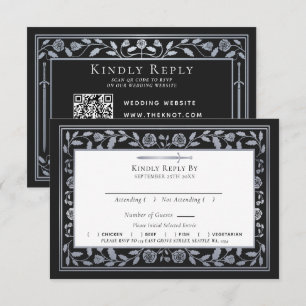 Silver Black Medieval Sword Wedding RSVP QR Code Begleitkarte