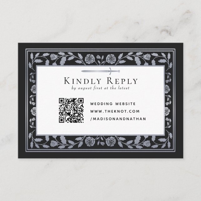 Silver Black Medieval Sword Wedding RSVP QR Code Begleitkarte (Vorderseite)