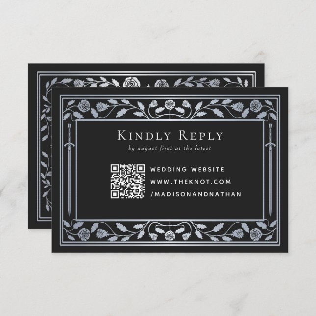 Silver Black Medieval Sword Wedding RSVP QR Code Begleitkarte (Vorne/Hinten)