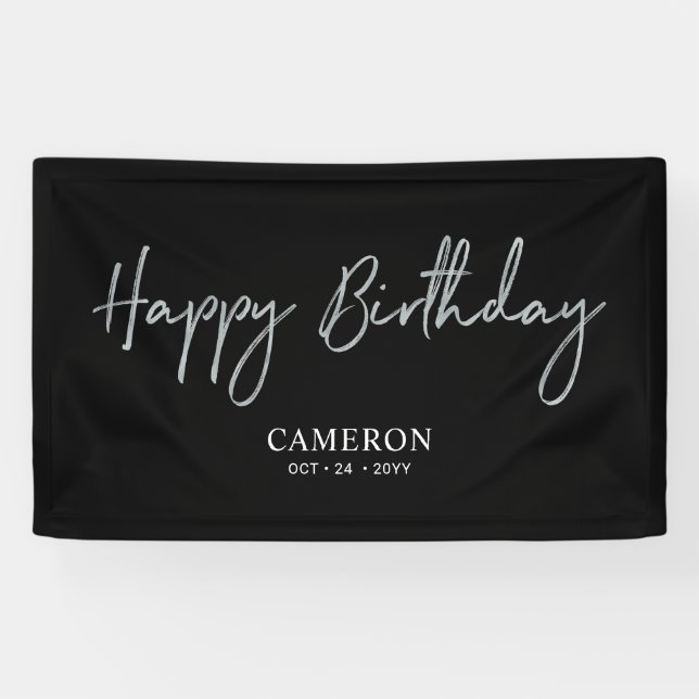 Silver & Black Minimal Custom Happy Geburtstag Banner (Horizontal)