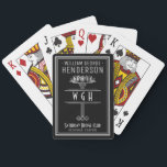 Silver Black Mit Monogramm Luxe Personalisierter N Spielkarten<br><div class="desc">Dieses Vintag inspirierte Art Déco Design in Schwarz und Imitat Silber umfasst ein blühendes und geometrisches Dekorthema und Platz für Ihren Namen,  3 Monogramm Buchstaben,  Kartenklub und Position - oder jeden gewollt Text. Dieses elegante Kartendeck hat einen luxuriösen,  antiken Look. Verwenden Sie die einfachen Vorlagen,  um Ihren Text hinzuzufügen.</div>
