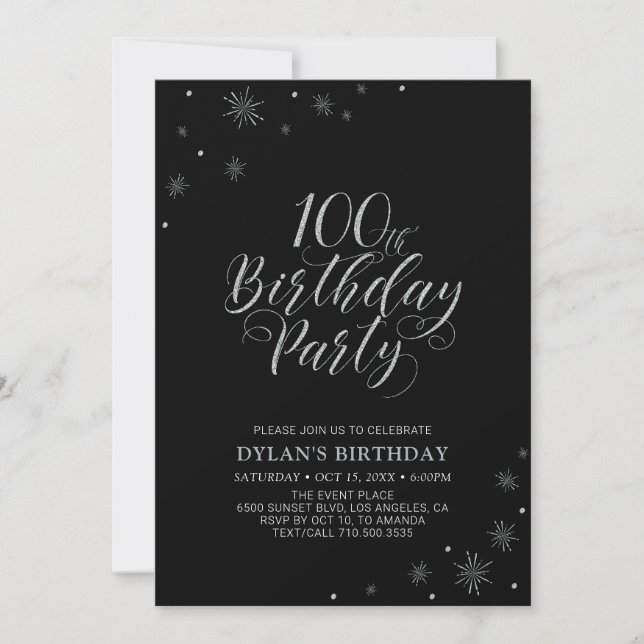 Silver & Black | Moderne 100. Geburtstagsparty Einladung (Vorderseite)