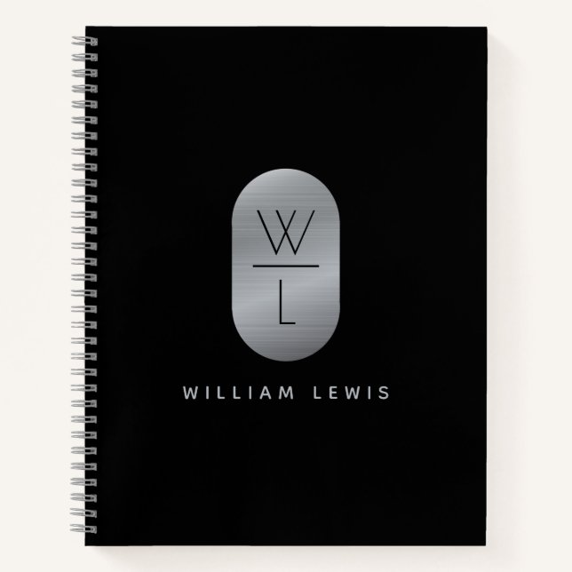 Silver & Black Monogram Modern Minimalistisch Notizbuch (Vorderseite)