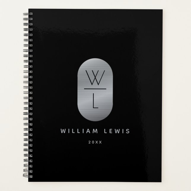 Silver & Black Monogram Modern Minimalistisch Planer (Vorderseite)