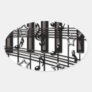 Silver Black Piano Keyboard Notes und stars Ovaler Aufkleber